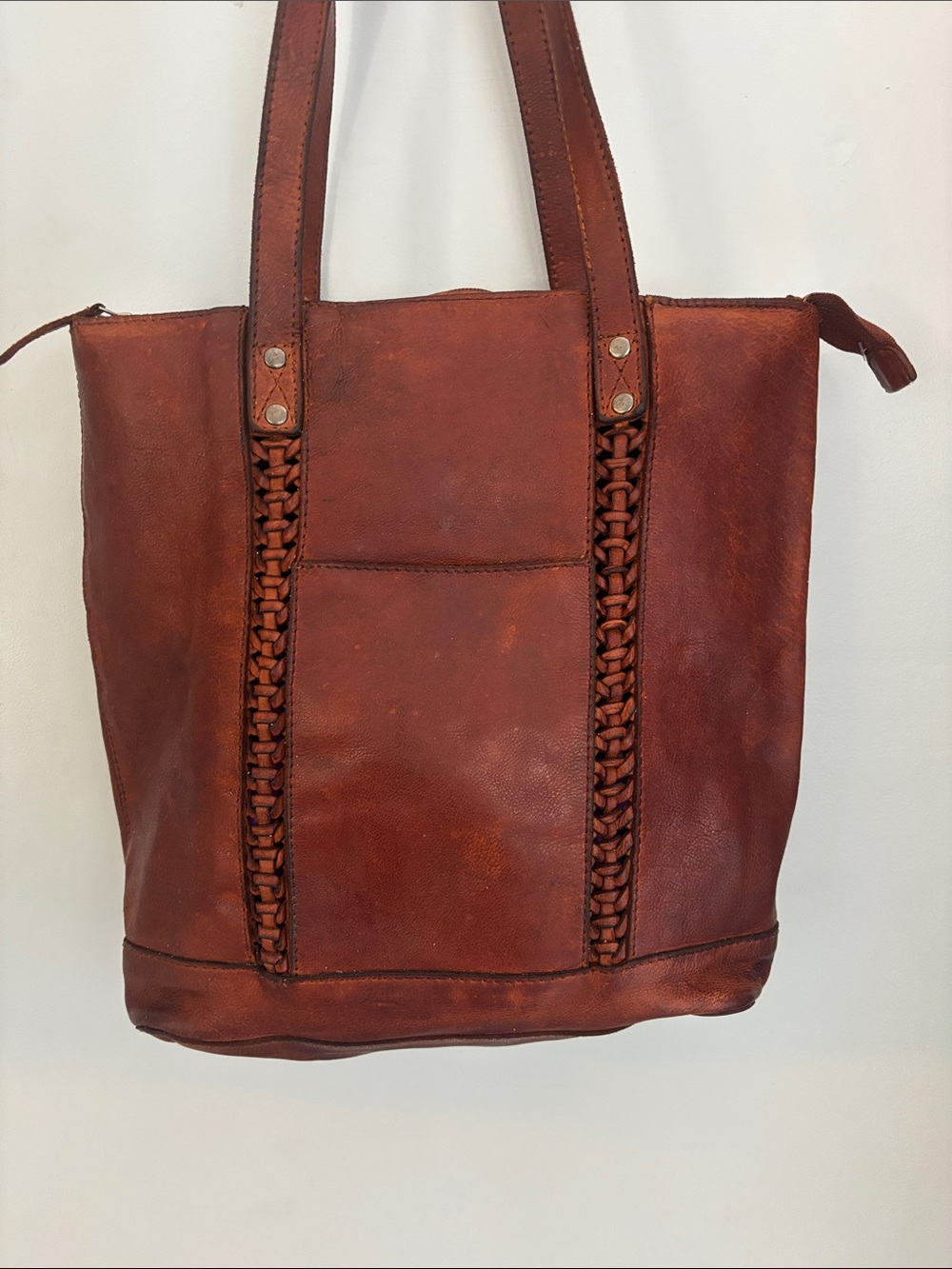 Vilenca Holland Braided Trim Genuine Leather Tote - Chestnut Brown